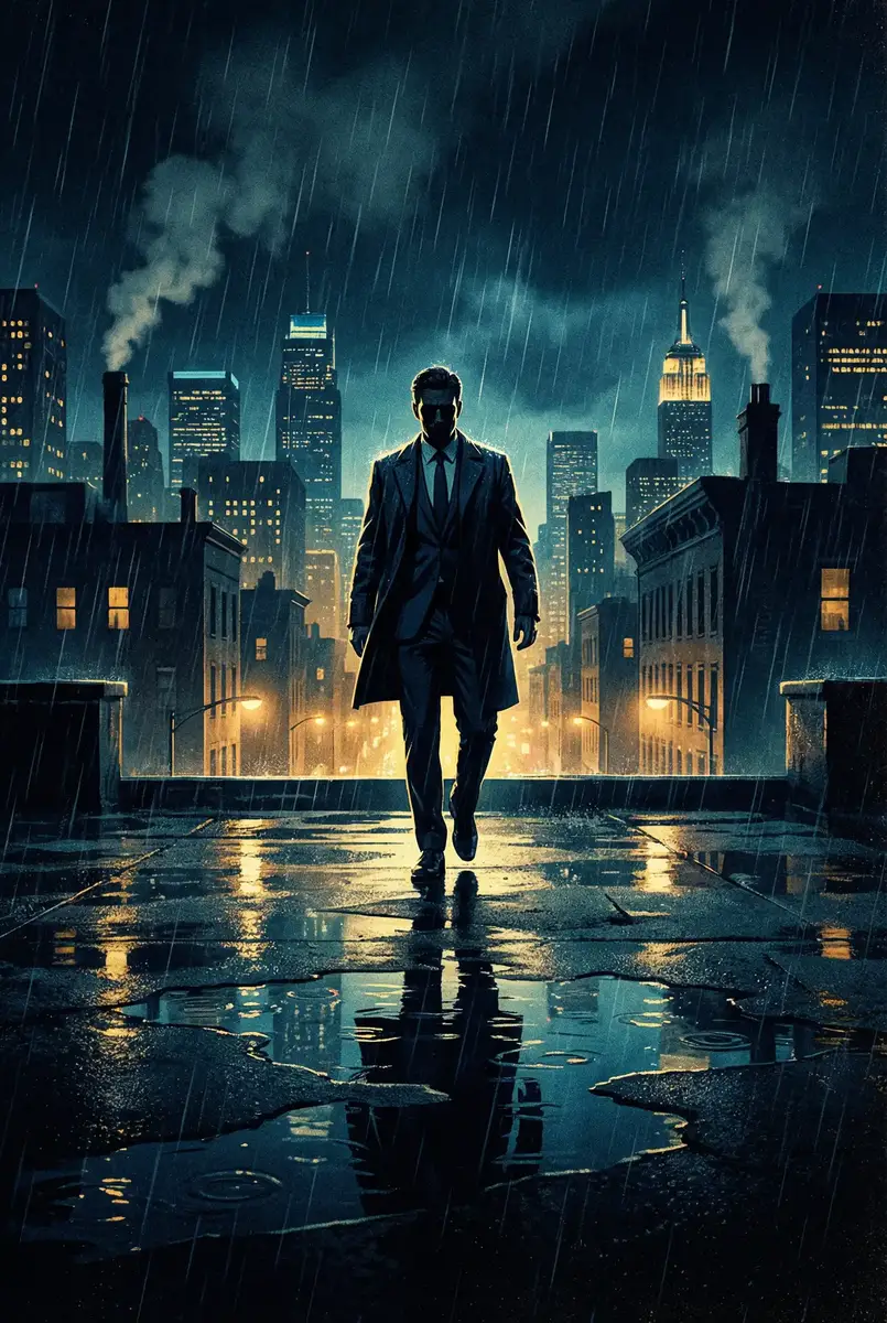 衡水二中瓜 出品影片《雨夜独行者》海报，雨中城市屋顶男性剪影